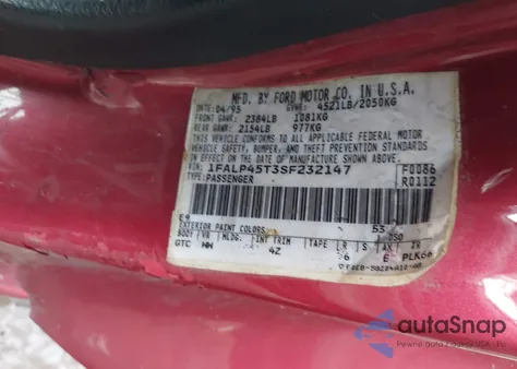 1995 Ford Mustang Gt/Gts из США, поврежденный, VIN 1FALP45T3SF232147